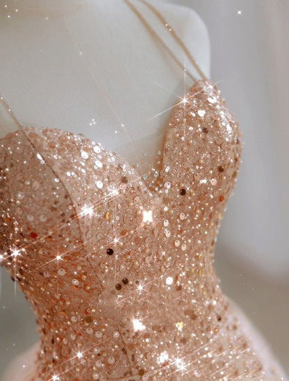 Luxury Evening Dresses Train Bride Beach Party Gold Sequins Douber Straps Prom Dresses Formal Gowns AB520
