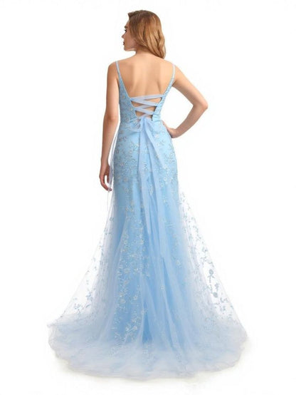 Floral Blue Mermaid Spaghetti Straps Maxi Long Party Prom Dresses Vestidos De Dia AB514