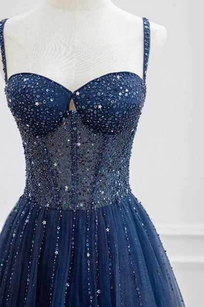Stylish Navy Blue Spaghetti Straps Tulle Beading Prom Dress Evening Formal Dresses Vestidos De Dia AB516