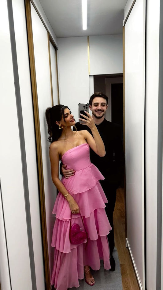 Sexy Ball Gown Strapless Pink Multi Layers Long Prom Dress Formal Party Prom Dresses AB430