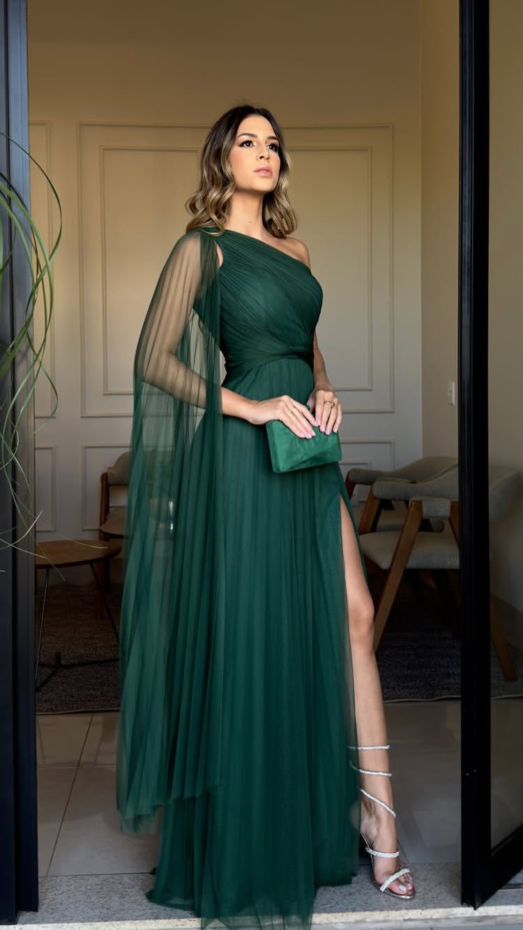 Elegant One Shoulder Tiered Prom Dress A-Line Tulle Sleeveless Evening Dress Dark Green Formal Party Gowns AB440