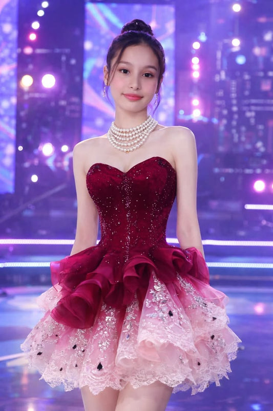Sparkly Ball Gown Sweetheart Gradient Red Pink With Beading Graduation Gown Mini Senior Inspo Short Homecoming Dress RB3145