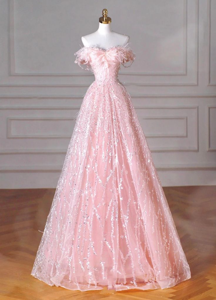 Modest Ball Gown Off The Shoulder Pink Sequin Long Prom Dresses Inspo Senior Night Dance Prom Dress N021