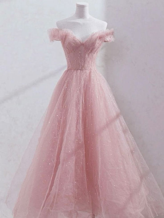 Modest Ball Gown Off The Shoulder Pink Tulle Pleated Long Prom Dresses Inspo Senior Night Dance Prom Dress N022