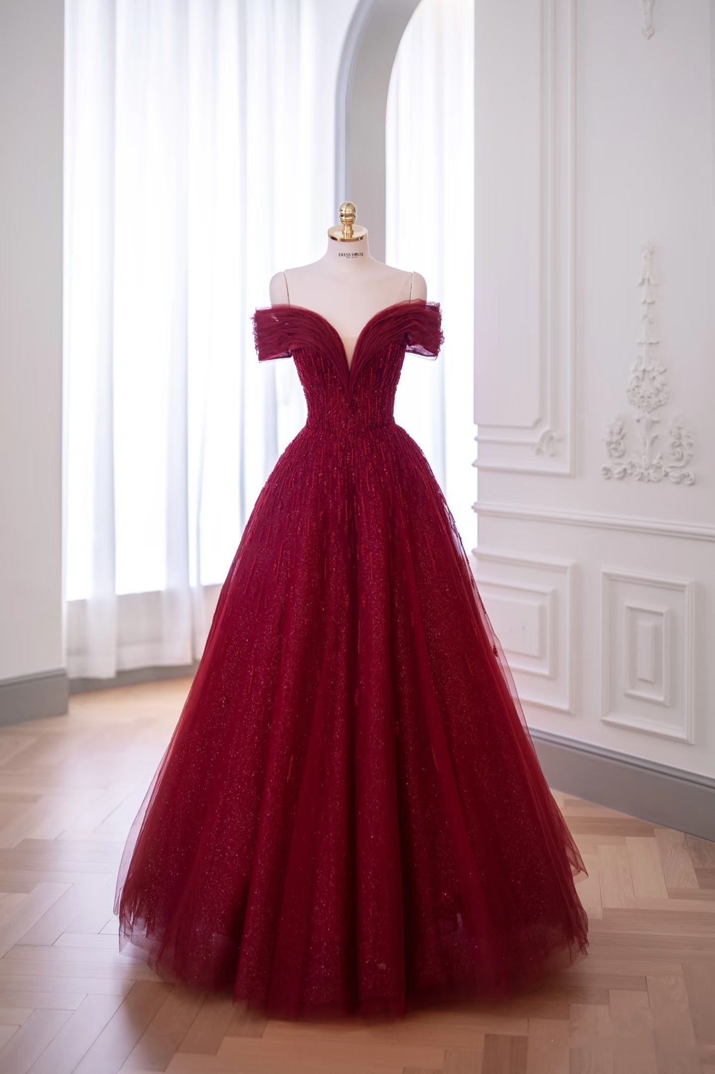 Shinning Ball Gown Off The Shoulder Red Tulle With Beads For Women Party Dresses Long Formal Prom Dresses 22th Birthday Gown AB1328