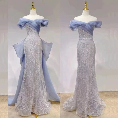 Exquisite Mermaid Off The Shoulder Blue Sequins Prom Dresses Long Party Dress 18th Birthday Outfit Prom Gowns RB1293