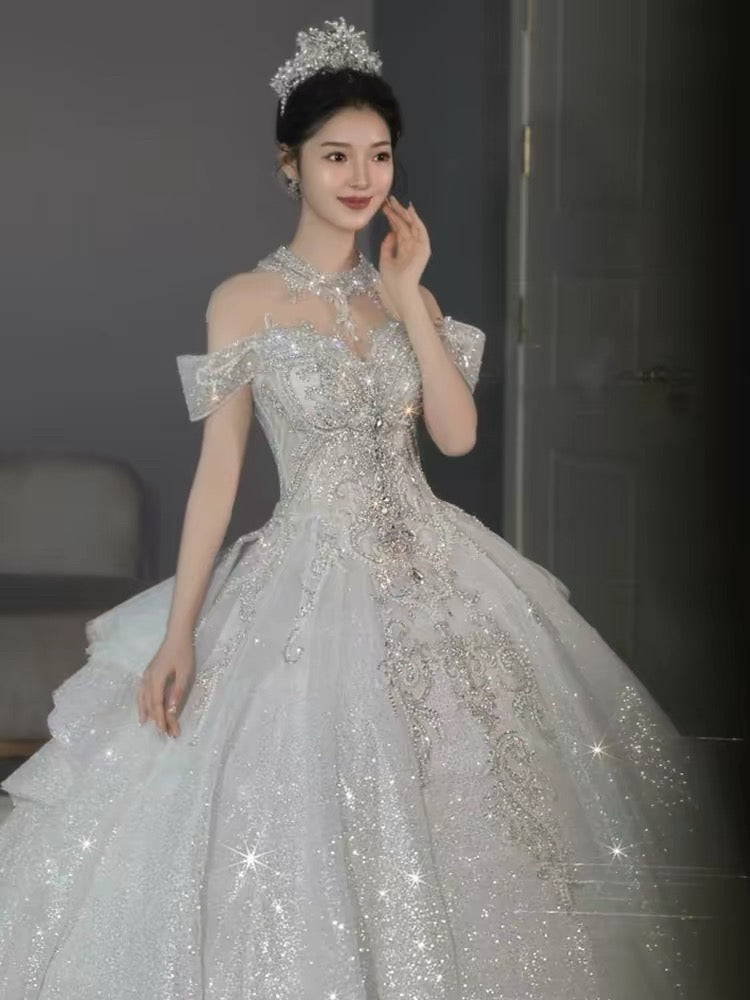 Sparkle Ball Gown Off The Shoulder Sequin Short Sleeves White Silver Beaded Wedding Dress Long Bridal Gown Wedding Dresses Ideas DH2899