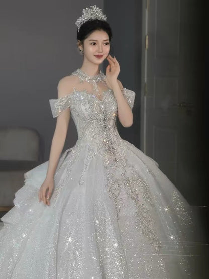 Sparkle Ball Gown Off The Shoulder Sequin Short Sleeves White Silver Beaded Wedding Dress Long Bridal Gown Wedding Dresses Ideas DH2899