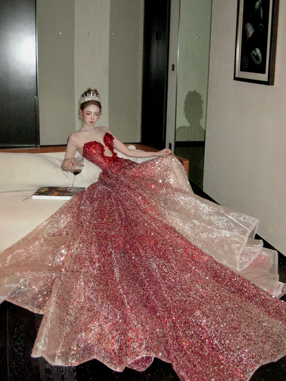 Modest Mermaid Sweetheart Burgundy With Beaded Crystals Prom Dress Aesthetic Long Graduation Evening Outfits N058