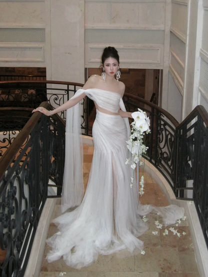 Simple Mermaid Off The Shoulder Tulle White Wedding Dress With Pleated Ruched Fairytale Brides Gown Wedding Dresses N066