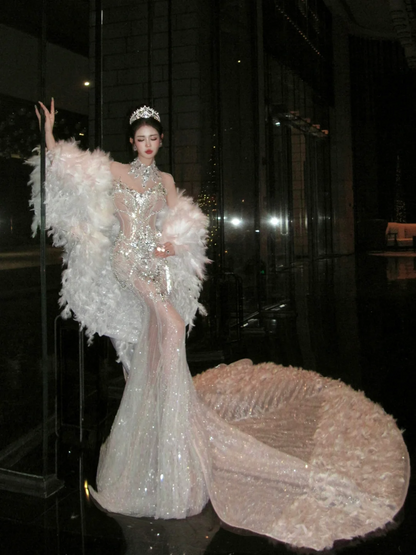 Sexy Mermaid High Neck Silver Sequin Wedding Dress With Beaded Fairytale Brides Gown Wedding Dresses N070