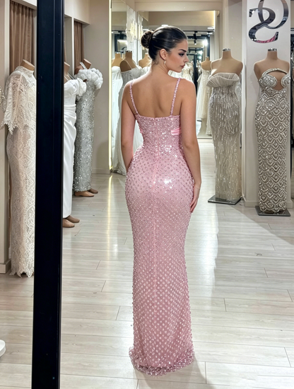 New Arrive Elegant Pink Sequin Long Party Dress Prom Dresses Mermaid Bodycon For Women N4079