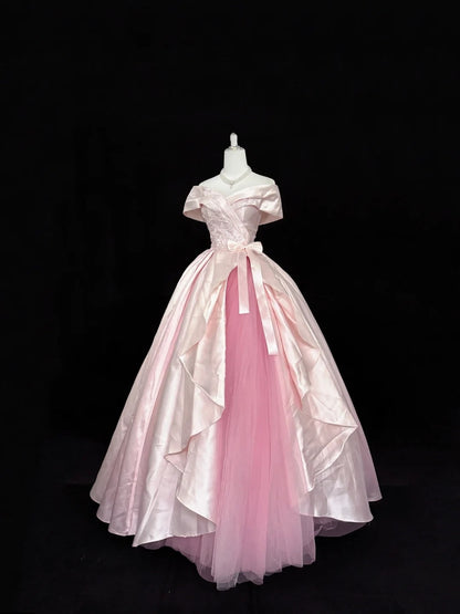 Tulle Prom Dress Long Floor Length Ball Gown Off Shoulder Pink With Bow-knot Lace Formal Evening Gown For Women RC0255