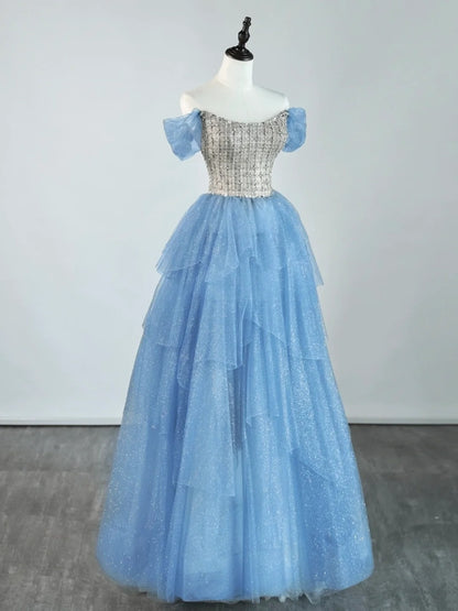 Princess Ball Gown Off The Shoulder Tulle Blue College Formal Outfit Prom Graduation Dresses For Teens N1347