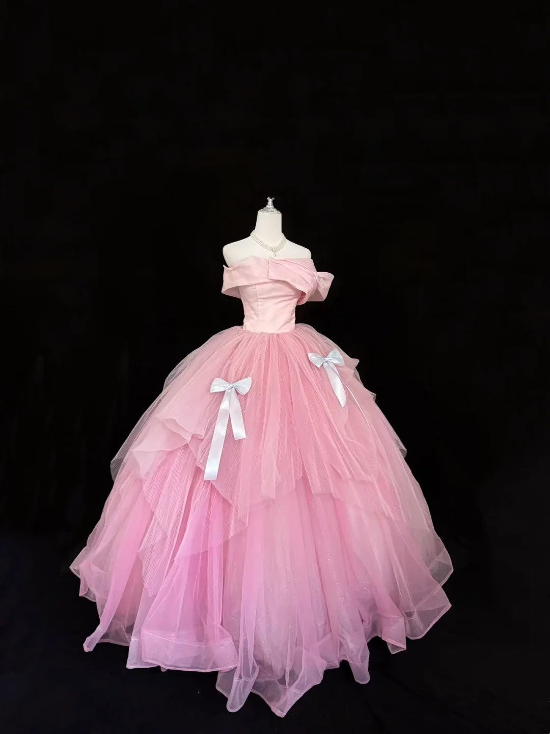 Tulle Prom Dress Long Floor Length Ball Gown Off Shoulder Pink With Sleeves Formal Evening Gown For Women RC0272