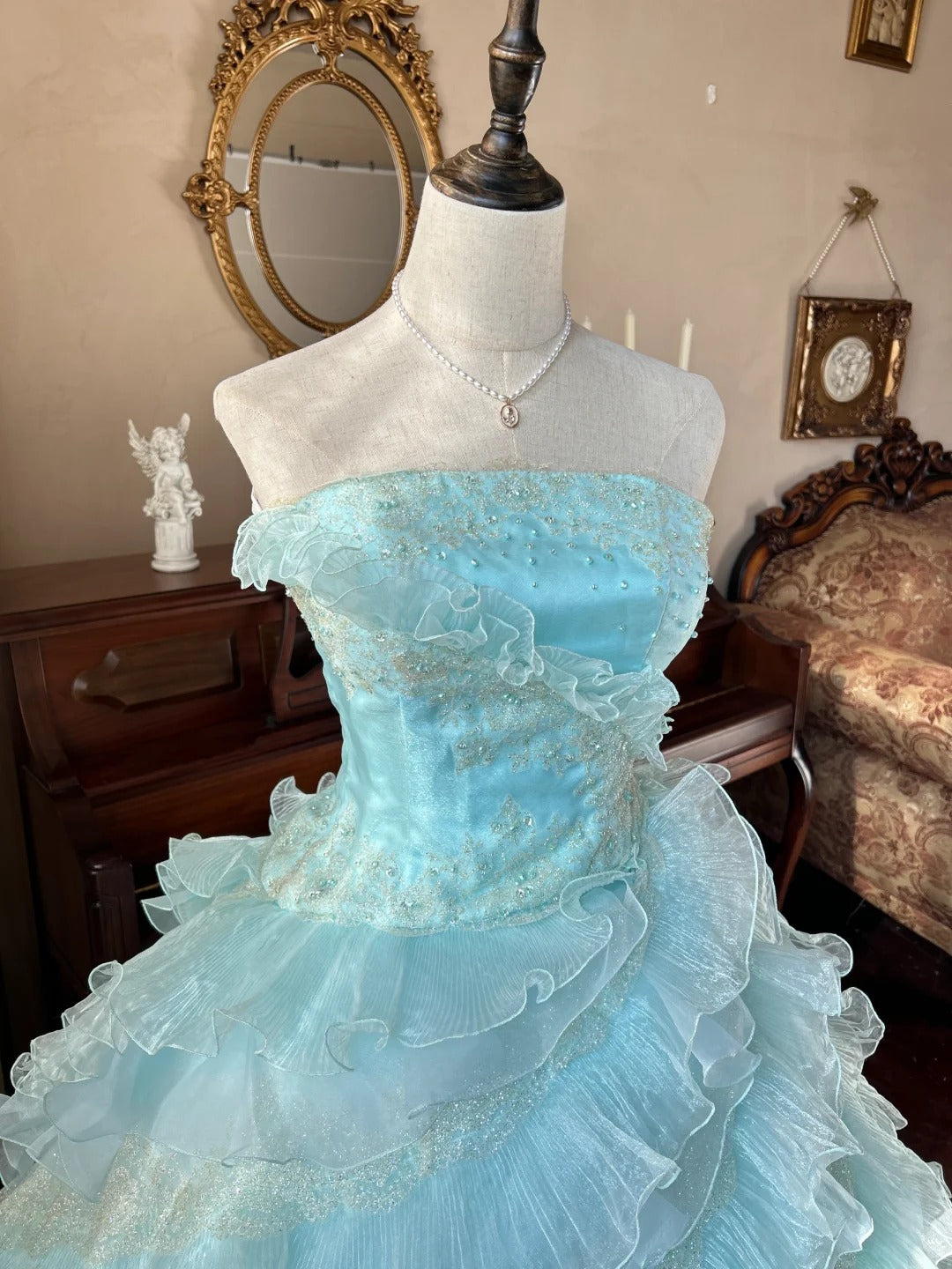 Cute  Ball Gown Strapless Light Blue With Layers Tiered Sweet 16 Dresses Long 15 Vestidos De Fiesta N2268