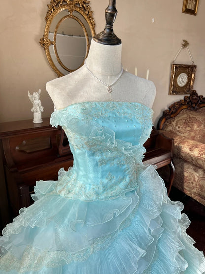 Cute  Ball Gown Strapless Light Blue With Layers Tiered Sweet 16 Dresses Long 15 Vestidos De Fiesta N2268