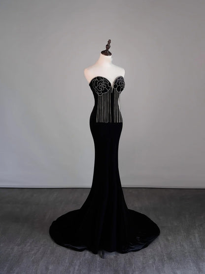 Modest Mermaid Sweetheart Black Velvet College Formal Outfit Prom Graduation Dresses For Teens N1178