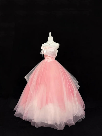 Sweet 15 Quinceanera Dress Ball Gown Strapless Pink With Bow-knot Tulle 15th Birthday Gown RC0250