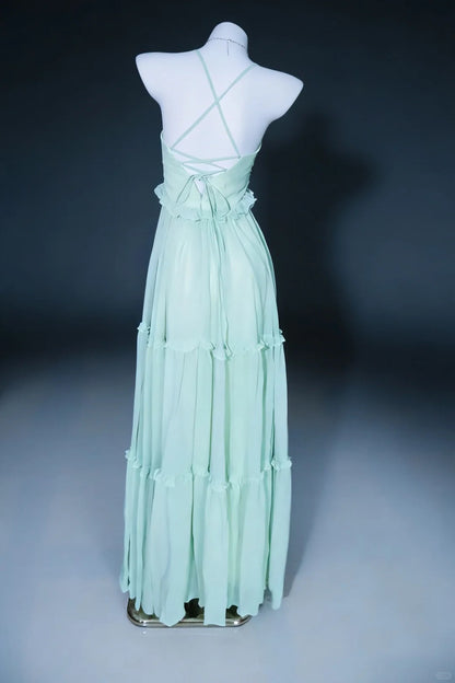 Pretty Prom Dresses A Line Halter Sage Green Chiffon Backless Long Formal Dress N3044