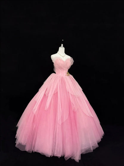 Sweet 16 Dresses Long Ball Gown Sweet Sixteen Long Birthday Dress Sweetheart Pink Tulle Formal Gown RC0296