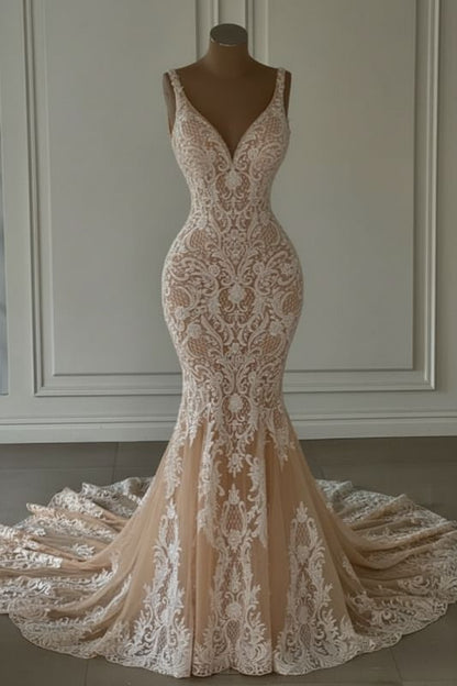 Mermaid Lace Sweetheart Wedding Dress V-neck Long Bridal Dress with Train AB1708