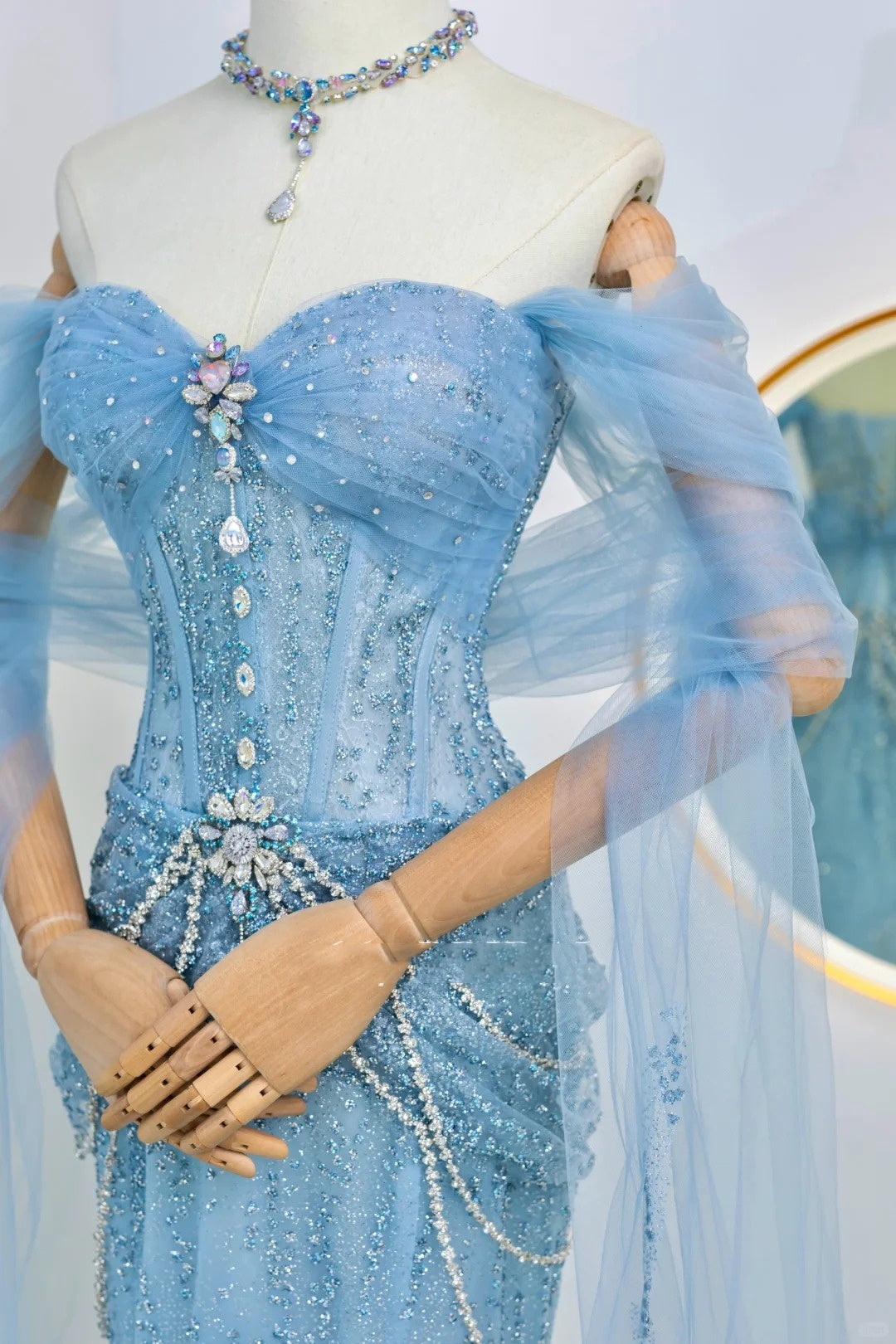 Sparkly Mermaid Off The Shoulder Blue Sequined Long Prom Dresses Party Dress Birthday Outfits Graduation Gown N2842