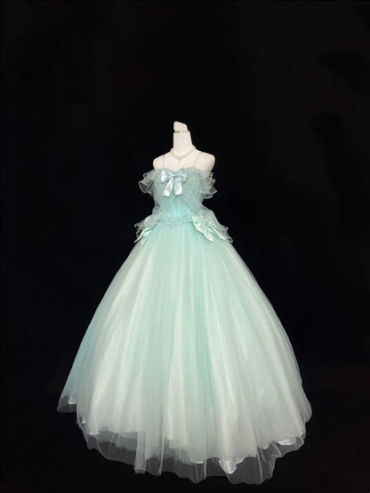 Mint Green Prom Dress Long Floor Length Ball Gown Straps With Bow-knot Formal Evening Gown For Women RC0244
