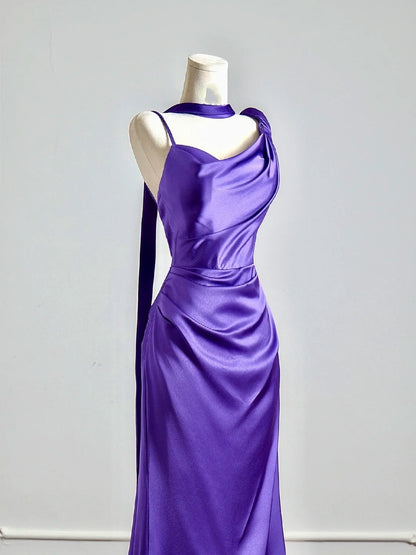 Simple Mermaid Grape Satin Asymmetrical Neck Prom Dresses Long Evening Formal Gown With Scarf Party Gowns N346