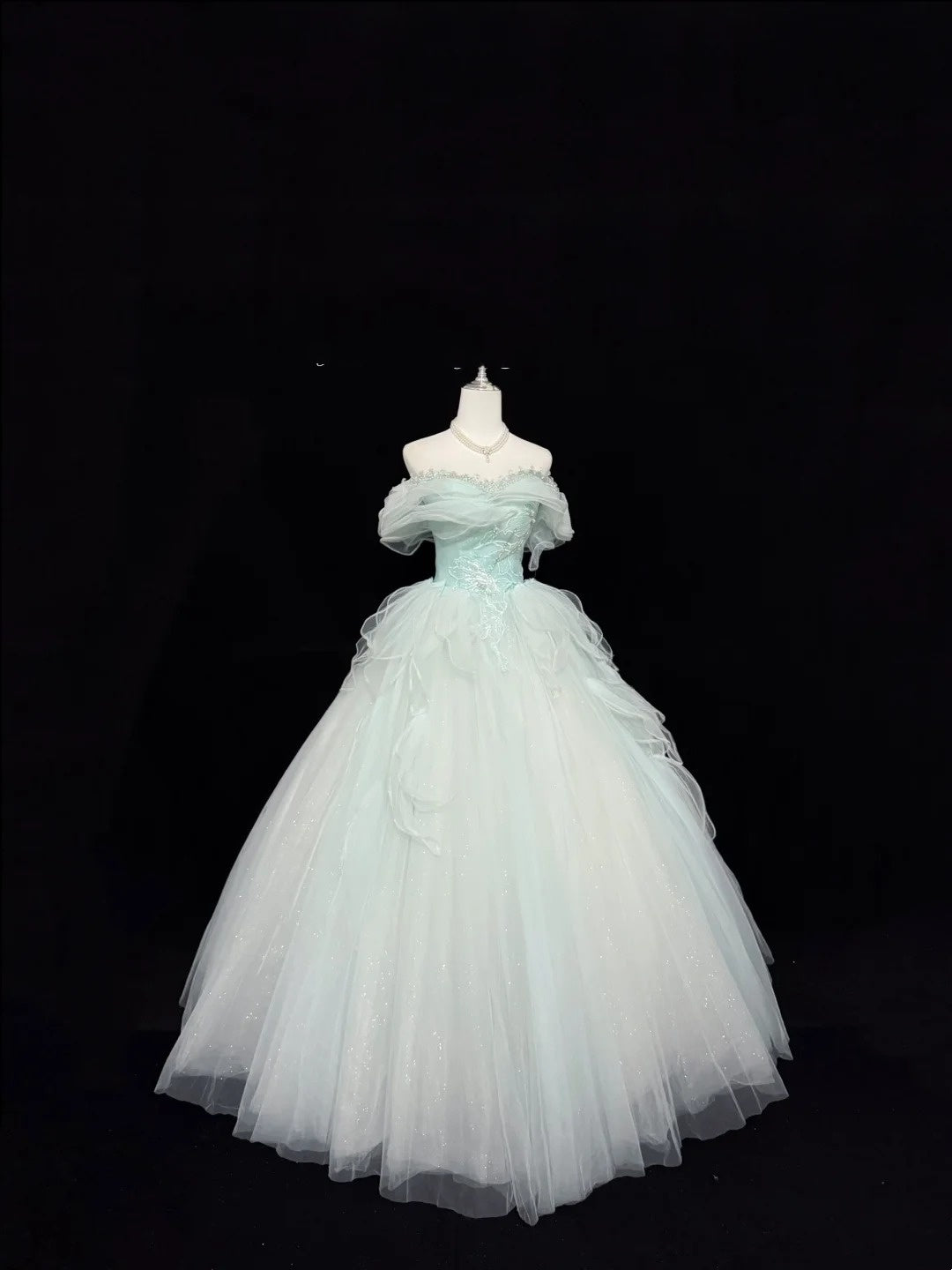 Tulle Prom Dress Long Floor Length Ball Gown Off Shoulder Mint Green With Sleeves Formal Evening Gown For Women RC0276