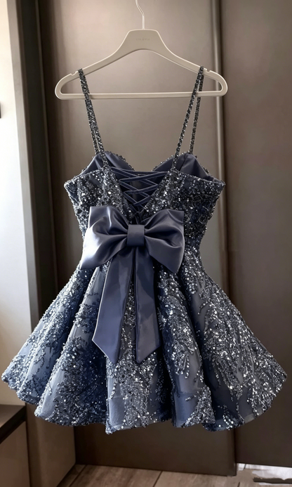 Classy Ball Gown Spaghetti Straps Dusty Blue Sequin Mini Short High School Impress Inspo Graduation Dress Homecoming Dresses RB3322