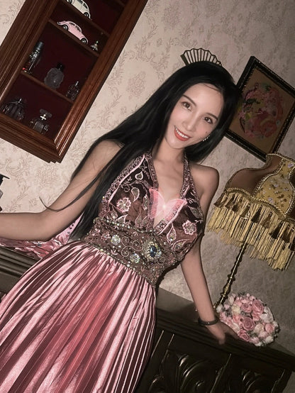 Elegant A Line Halter Pink Satin With Beading Prom Dresses Formal Outfits Evening Night Dress RB8243