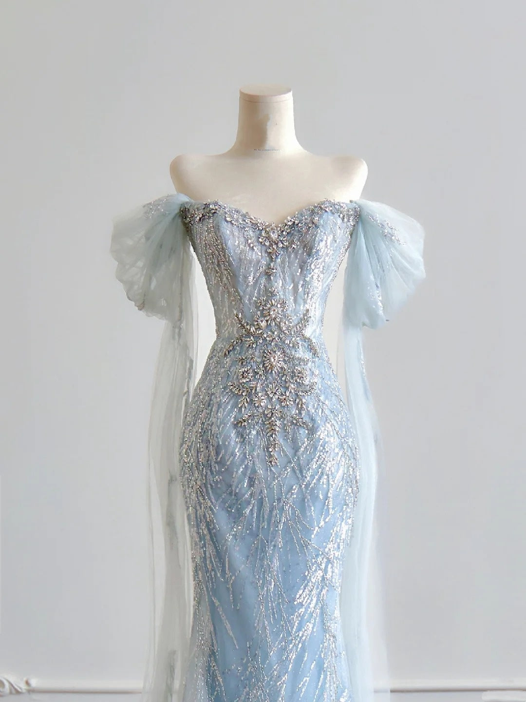 Luxurious Mermaid Off The Shoulder Light Sky Blue With Short Sleeves Prom Dresses Long Evening Formal Birthday Party Gowns N379