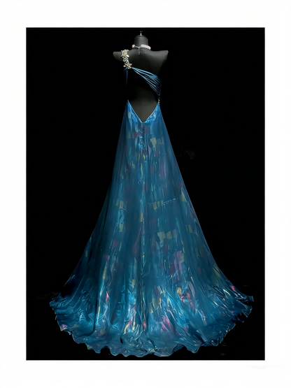 Modest A line One Shoulder Blue College Formal Outfit Long Prom Graduation Dresses For Teens N1183