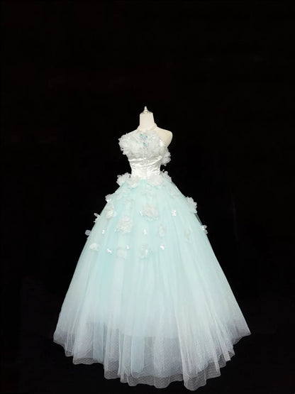 Cute Sweet 16 Dresses Long Ball Gown Strapless Blue With Flowers Tulle Formal Sweet Sixteen Birthday Gown RC0256