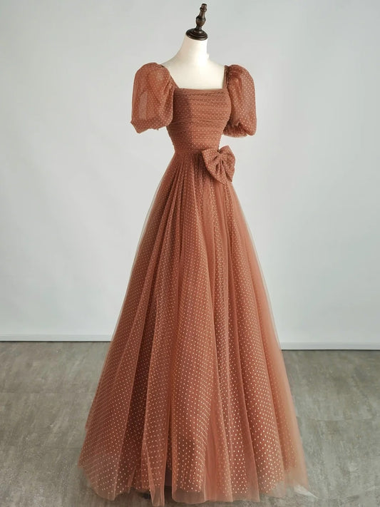 Modest A line Square Neck Polka Dots Tulle Prom Dresses Inspiration Party Gowns Princess Formal Dress N765