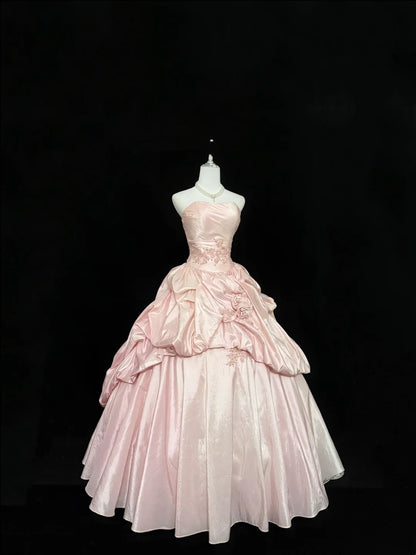Cute Sweet 16 Dresses Long Ball Gown Strapless Blush Pink Satin With Lace Formal Sweet Sixteen Birthday Gown RC0258