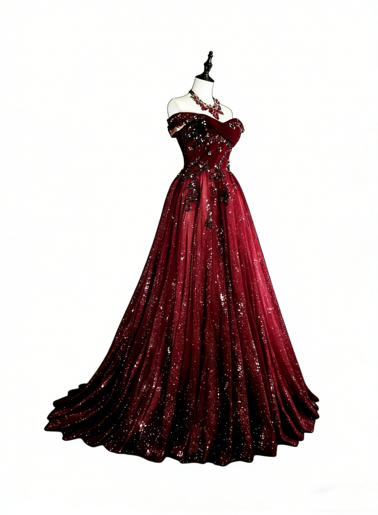 Off-Shoulder Sparkly A line Burgundy With Appliques Long Prom Dress Wine Red Party Dresses N1777