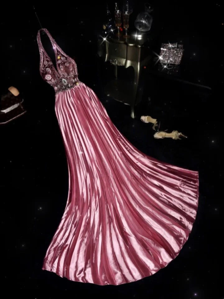 Elegant A Line Halter Pink Satin With Beading Prom Dresses Formal Outfits Evening Night Dress RB8243