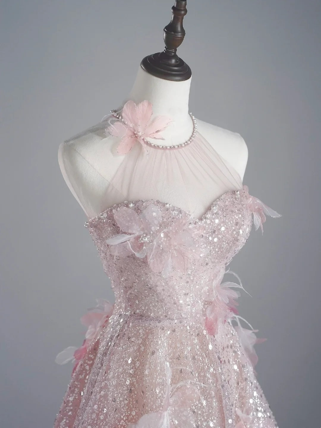 Modest A line Scoop Neck Pink Sequins Prom Dresses Inspiration Party Gowns Princess Formal Dress N758