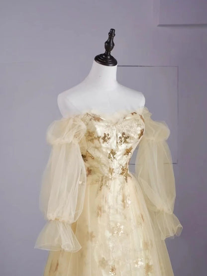 Vintage Night Aesthetic Ball Gown Strapless Tulle Yellow College Formal Sweet 16 Outfit Long Prom Dresses For Teens N1163