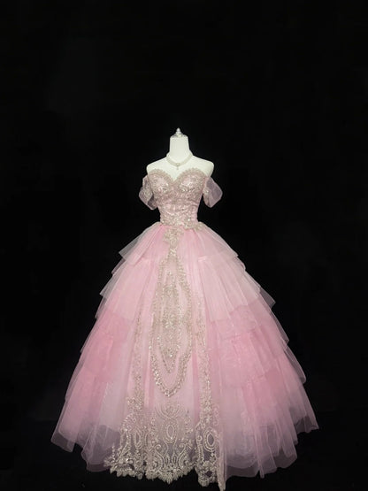 Sweet 15 Quinceanera Dress Ball Gown Off Shoulder Pink With Gold Lace Sleeves Long 15th Birthday Gown RC0318