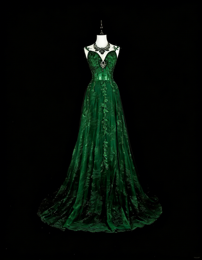 Modest A line Spaghetti Straps Dark Green Tulle With Appliques Long Prom Gown Party Wear Dresses N1847