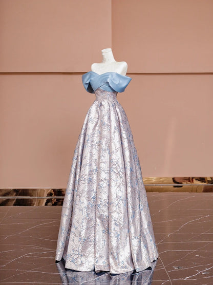 Gorgeous A line Off The Shoulder Blue With Sleeves Satin Formal Evening Dress Gowns Prom Dresses N726