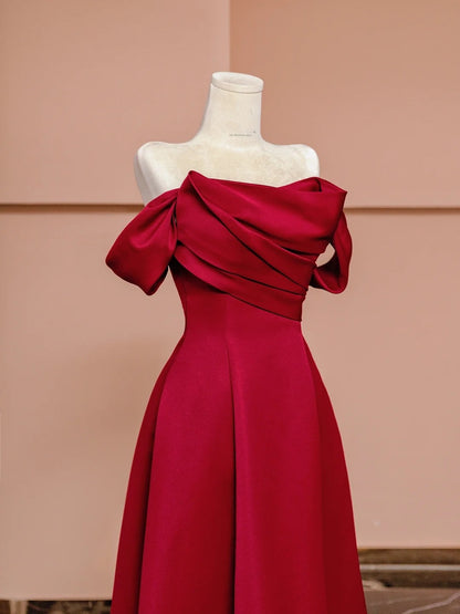 Gorgeous A line Off The Shoulder Burgundy Satin With Short Sleeves Formal Evening Dress Gowns Long Prom Dresses N722
