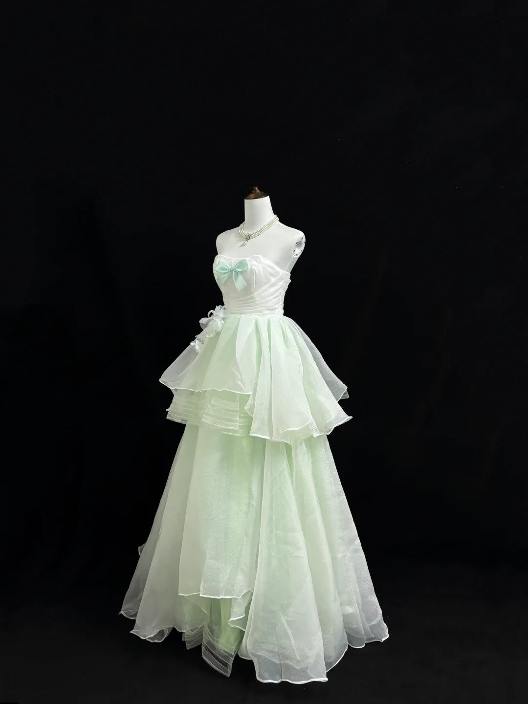 Sweet 15 Quinceanera Dress Ball Gown Strapless Mint Green With Flowers Tiered 15th Birthday Gown RC0231