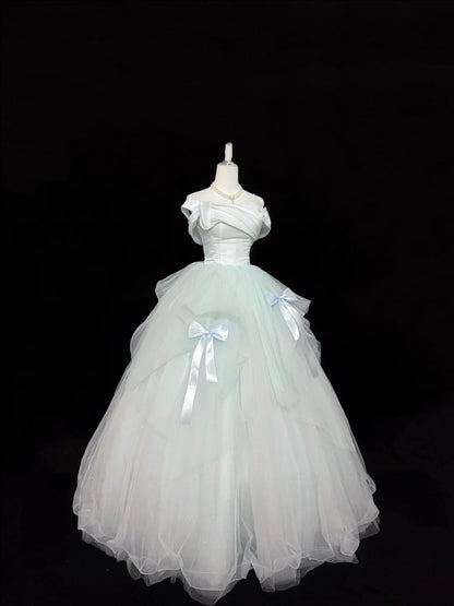 Tulle Prom Dress Long Floor Length Ball Gown Off Shoulder Mint Green With Bow-knot Formal Evening Gown For Women RC0248