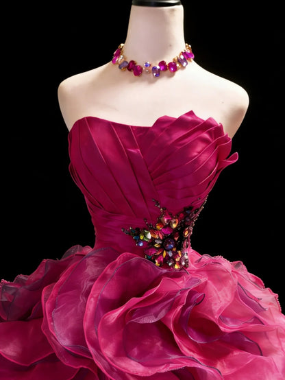 Modest Prom Dresses Ball Gown Strapless Hot Pink Organza With Layers Long Quince Dress N3054