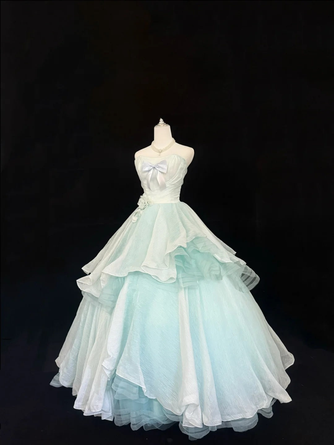 Sweet 15 Quinceanera Dress Ball Gown Strapless Mint Green Blue With Bow-knot Tulle 15th Birthday Gown RC0242