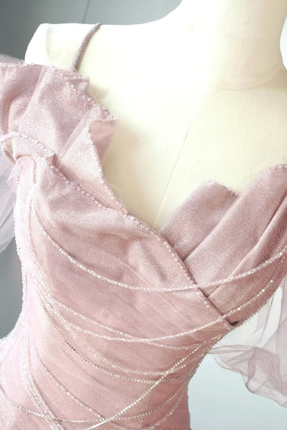 Gorgeous Mermaid Spaghetti Strap Pink Tulle Prom Dresses Sleeveless Long Formal Party Gown AB336